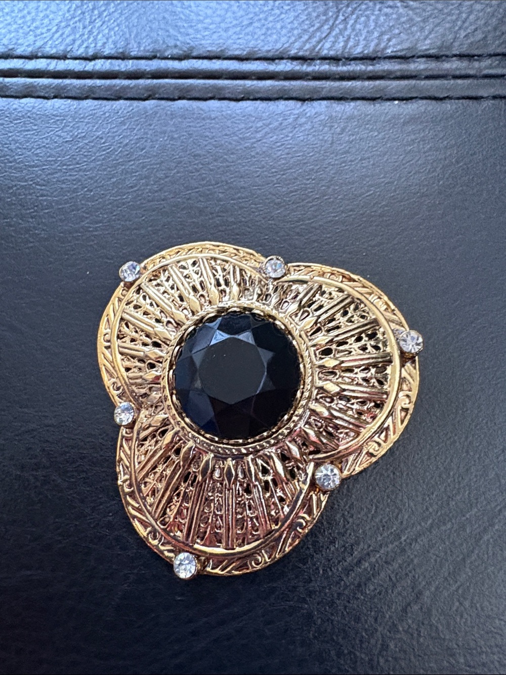 Vintage Victorian Revival Gold-Plated Brooch with Black Center Glass Stone -
